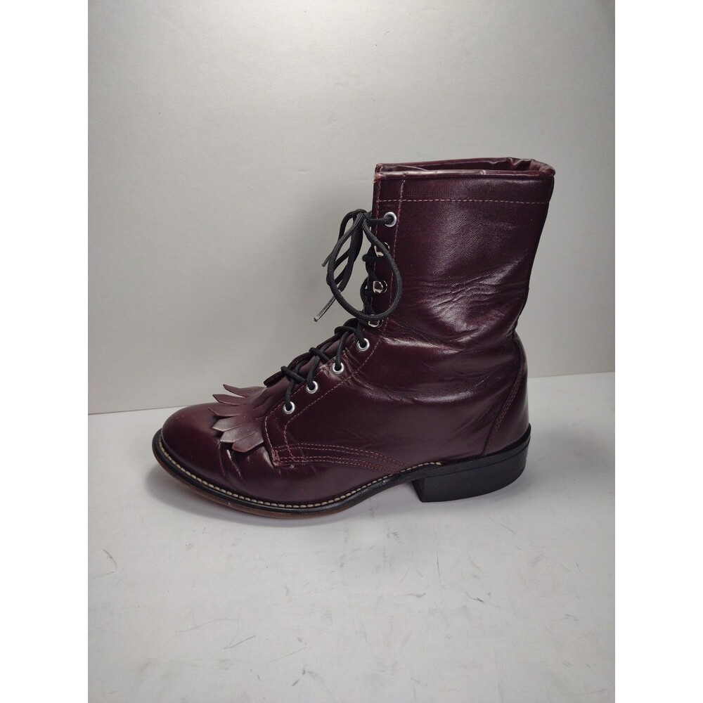 Laredo Boots Vintage 80s Made in Usa Maroon Leather Fringe Usa Made Sz 6 M